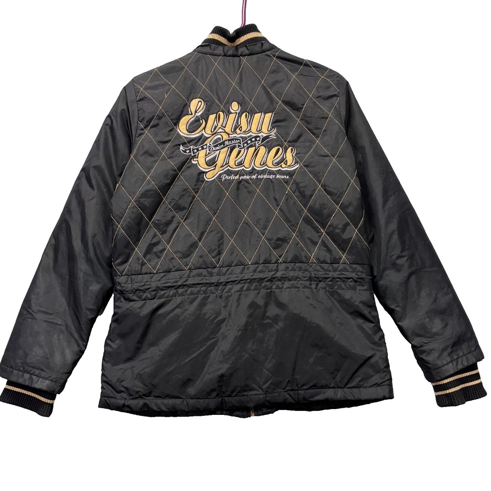 Evisu Jacket Womens Medium Black Quilted Bomber Full Zip‎ Pockets Embroidered